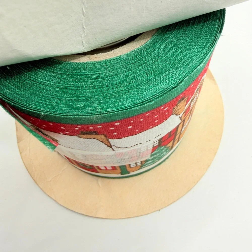 Lion Ribbon Village Christmas Red Winter Scene Fabric Ribbon 2.5